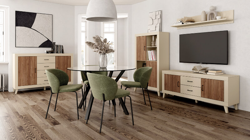 Sala de estar luminosa con muebles modernos en oferta para primavera.