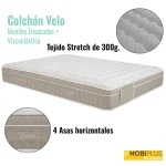 Infografía del Colchón Velo de Mobiplus Muebles con detalles ampliados de su tejido Stretch de 300g y sus 4 asas horizontales.