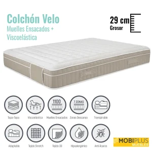 Ficha comercial del Colchón Velo de Mobiplus Muebles de 29 cm de grosor con muelles ensacados, viscoelástica e iconos de características técnicas.