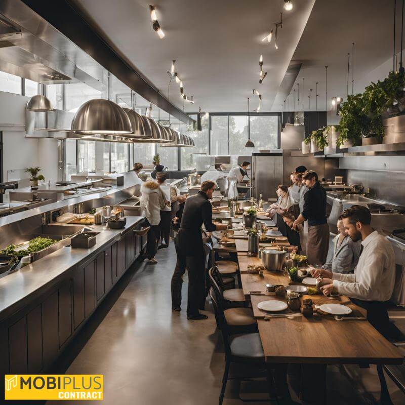 Cocina abierta con vista a los clientes en un restaurante.