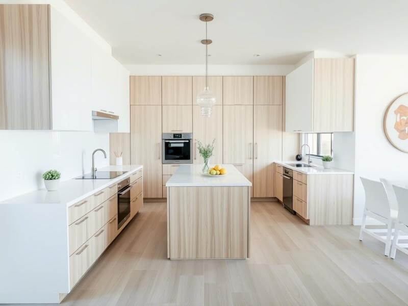 Renovar tu cocina para el verano: Cocina luminosa con muebles de madera y encimeras blancas.