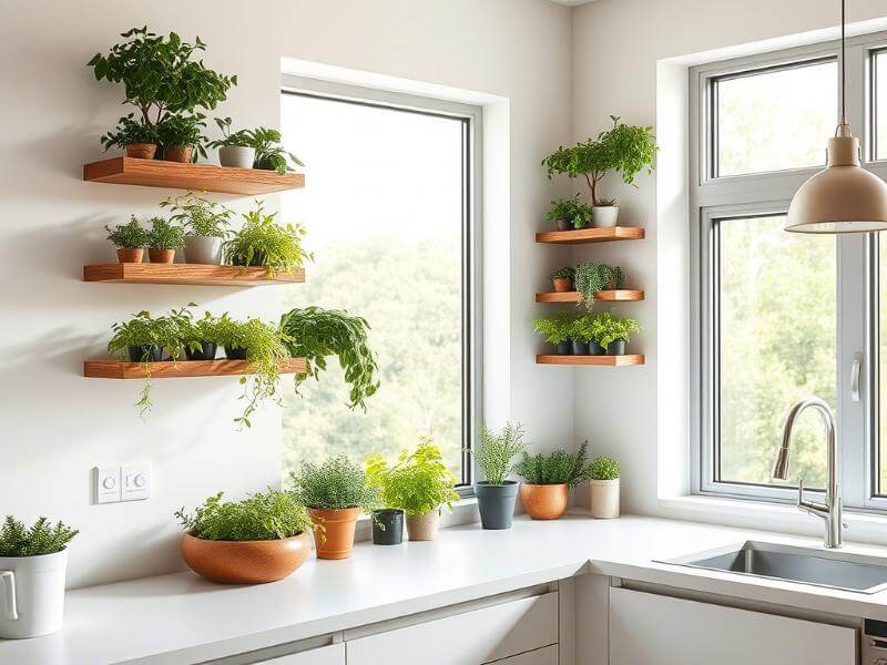 Cocina decorada con plantas aromáticas en macetas.

