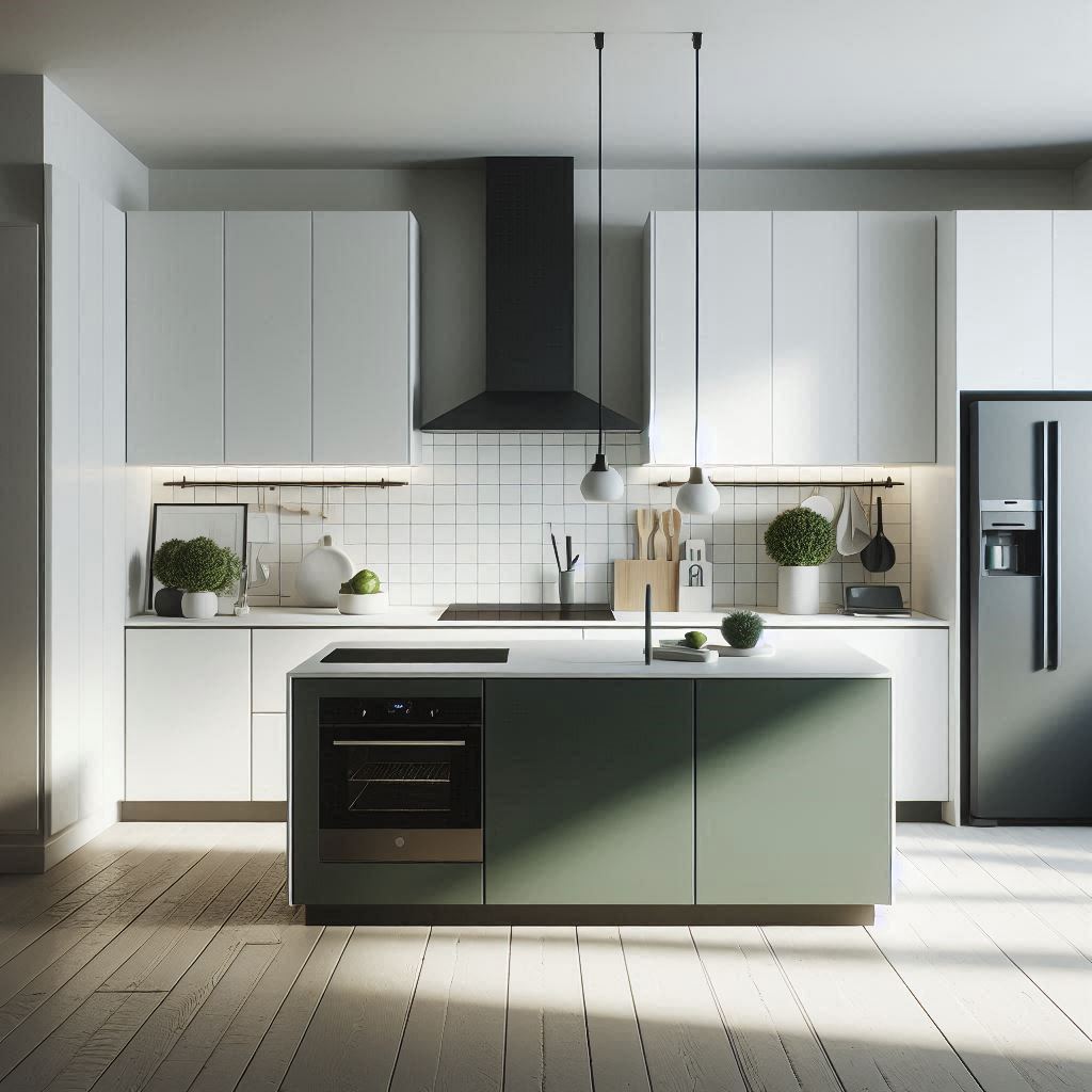 Tendencias de diseño para cocinas en 2025: Cocina minimalista con muebles blancos, una isla central en verde oscuro.