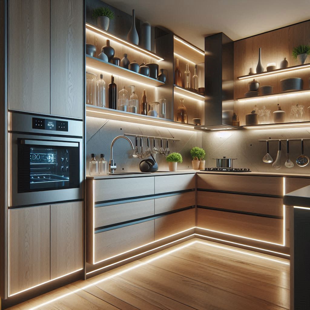 Tendencias de diseño para cocinas en 2025: Cocina moderna con iluminación LED perfilando los muebles.