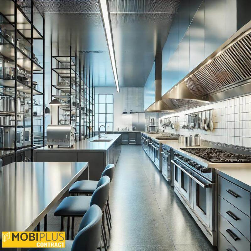 Reformar cocinas de hostelería: Cocina profesional reformada con zonas de trabajo bien definidas.