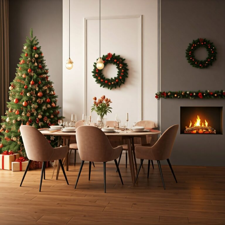 Comedor decorada con árbol, chimenea y decoración navideña