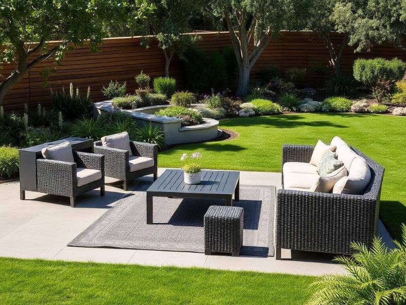 Conjunto de muebles exteriores duraderos en un espacio abierto