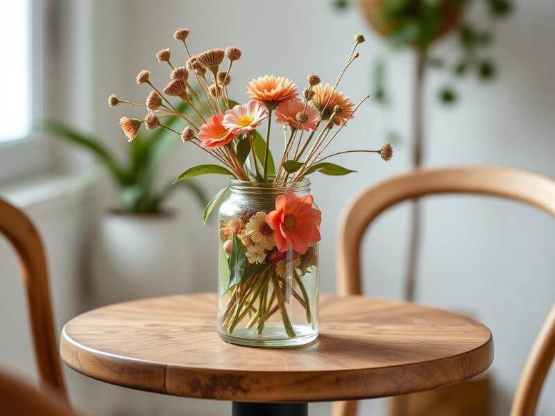 Decoración de verano con flores secas en un jarrón sobre mesa auxiliar