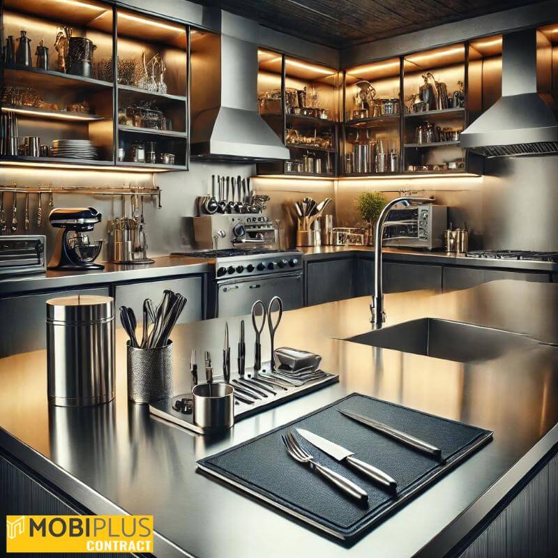 Encimeras de acero inoxidable en una cocina de hostelería moderna.