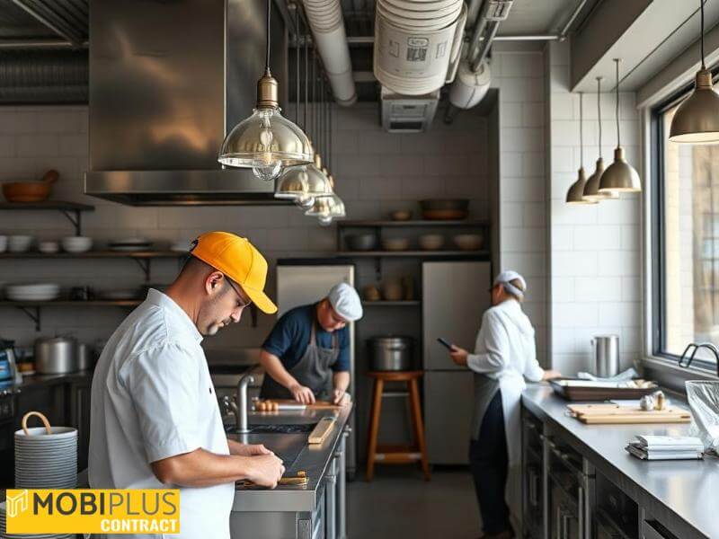 Reformar cocinas de hostelería: Equipo profesional realizando una reforma en una cocina de restaurante.