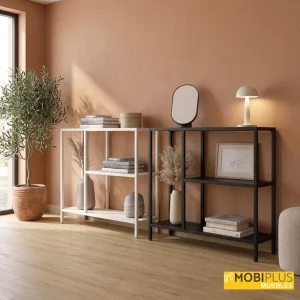 Muebles consola estantería Titania de 90x80x25 cm en acabados blanco y negro en ambiente con pared terracota.