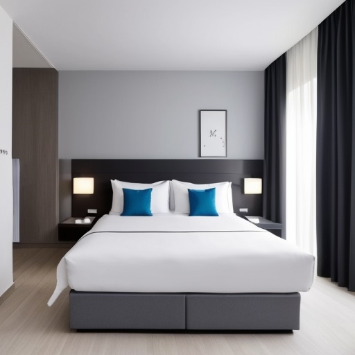 Habitación de hotel con un enfoque minimalista con líneas limpias, colores neutros y muebles funcionales 