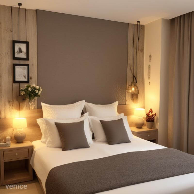 Habitación de hotel decorada con lino y algodón en tonos neutros