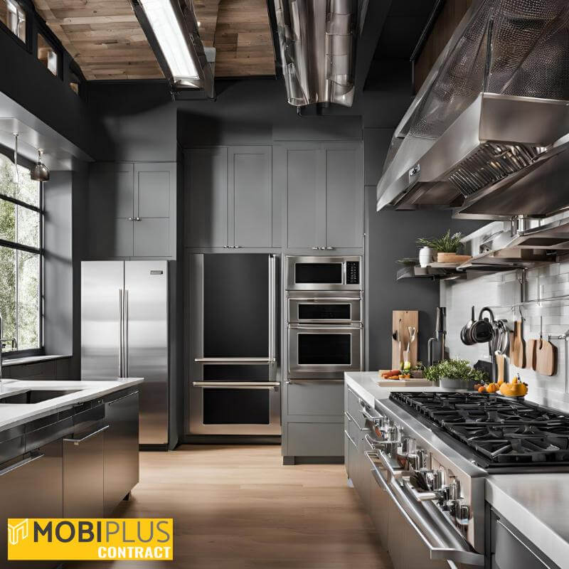 Reformar cocinas de hostelería: Hornos combinados y sistemas de ventilación modernos en una cocina reformada.
