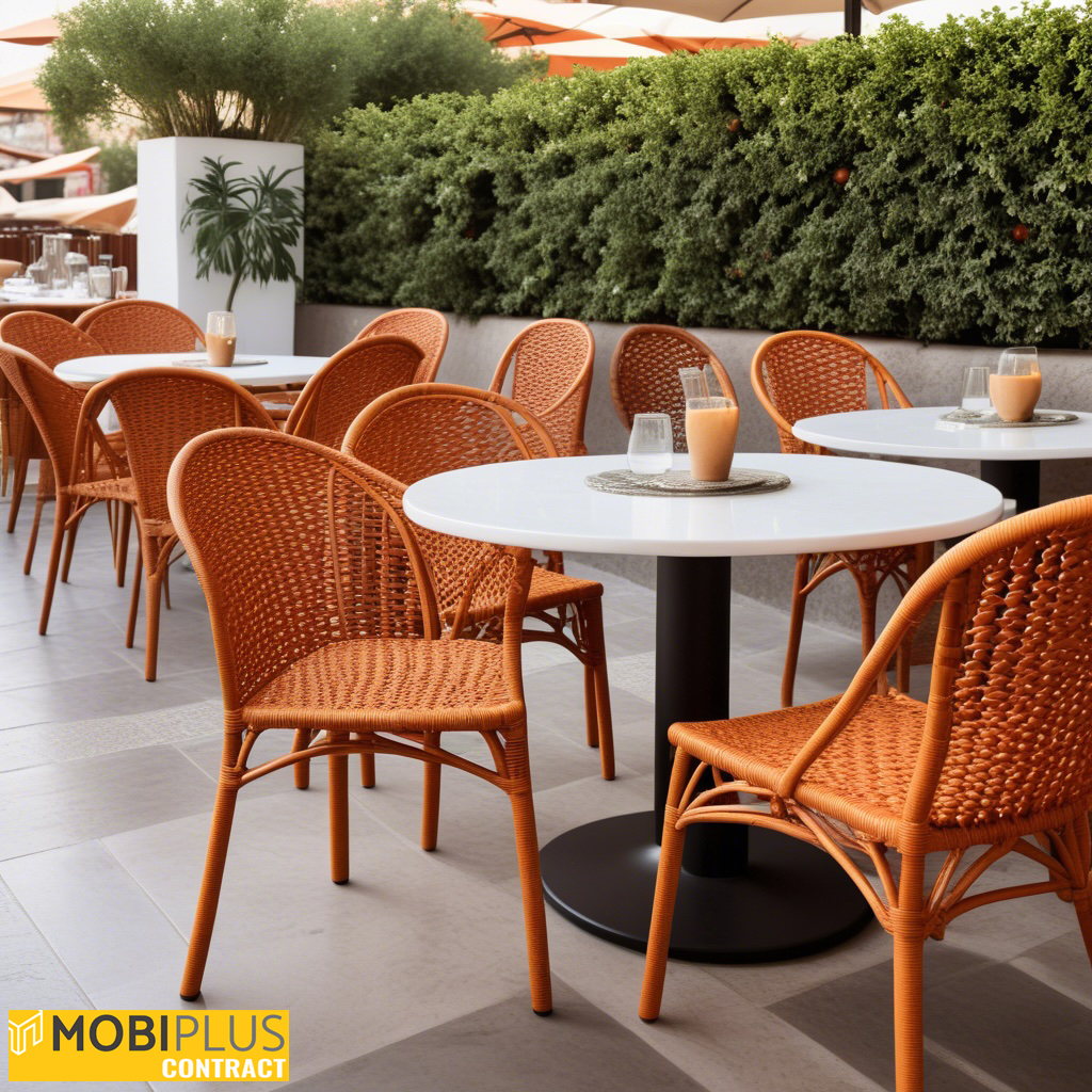 detalle de sillas y mesas de resina trenzada imitando el mimbre o la madera en una terraza de restaurante