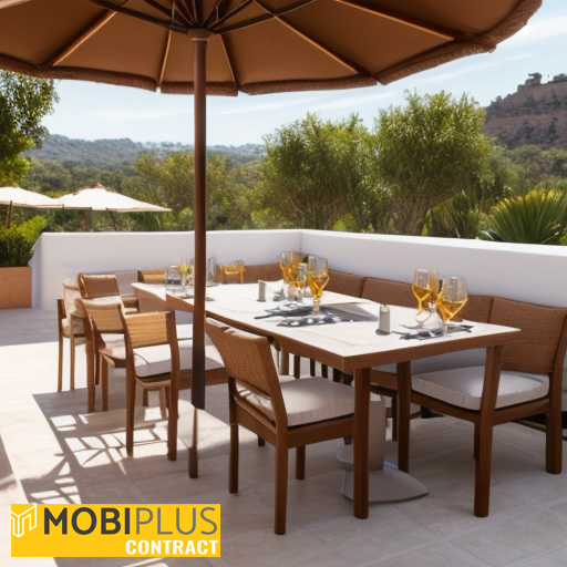 detalle de sillas y mesas de teca en una terraza de bar o restaurante