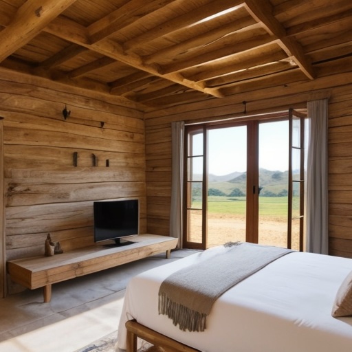 Interior de  una casa rural decorada con madera reciclada o certificada dando un toque acogedor a la estancia