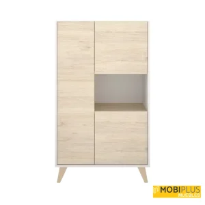 Módulo vertical de almacenamiento modelo Ness en blanco mate y madera natural cerrado con hueco abierto central sobre fondo blanco.