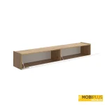 Mueble TV mural de 180 cm modelo Sky en roble y blanco mate con puerta abatible abierta sobre fondo blanco.