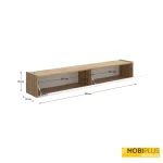 Plano de medidas y dimensiones del mueble TV mural de 180 cm modelo Sky en roble y blanco mate sobre fondo blanco.