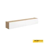 Mueble TV mural de 180 cm modelo Sky en roble y blanco mate cerrado en perspectiva sobre fondo blanco.