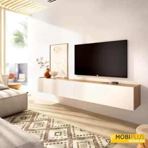 Mueble TV mural de 180 cm modelo Sky en roble y blanco mate instalado en salón ambiente mediterráneo.