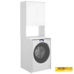 Mueble organizador blanco para sobreponer en lavadora con armario superior de dos puertas y hueco abierto sobre fondo blanco.