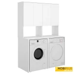Mueble blanco para lavadora y secadora juntas con armarios superiores cerrados.