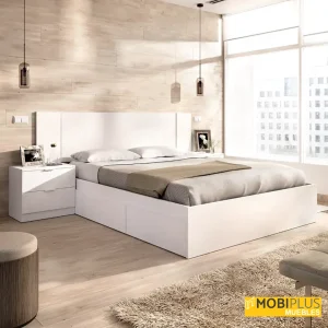 Cabezal + 2 mesitas + cama 4 cajones Len