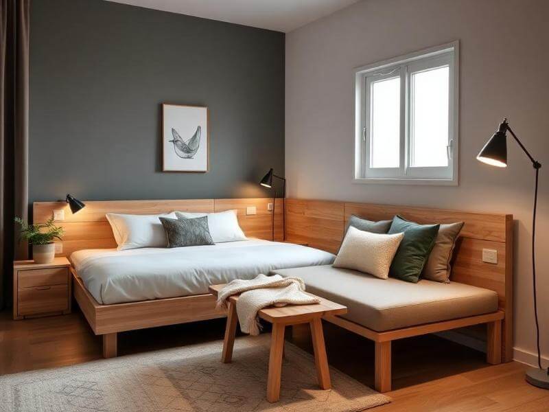 Mesita auxiliar junto a una cama de diseño veraniego. Mesita auxiliar de madera clara en una habitación de estilo fresco