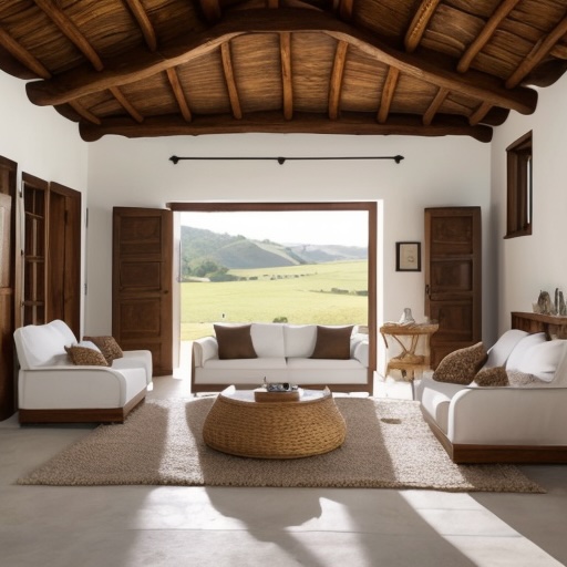 Salón de casa rural combinando mimbre y madera.