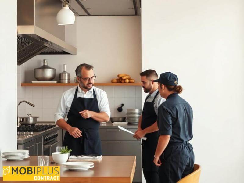 Propietario supervisando una reforma en la cocina de su negocio.