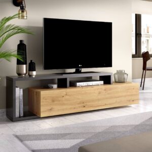 alt="Bajo tv modelo Kram 1 puerta en color grafito-nordic para salón o comedor"