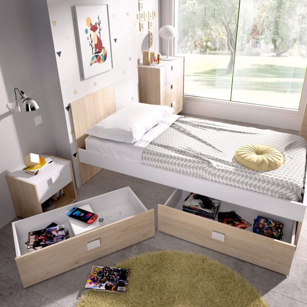 Los cajones, debajo de las camas, son una buena solución al almacenaje. Para habitación juvenil.