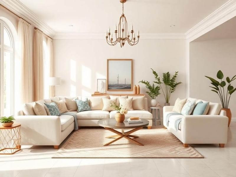 Sala de estar luminosa con decoración en colores neutros y veraniegos
