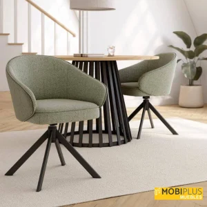 Sillas de comedor giratorias Verona tapizadas en tela verde oliva con patas metálicas negras tipo araña.