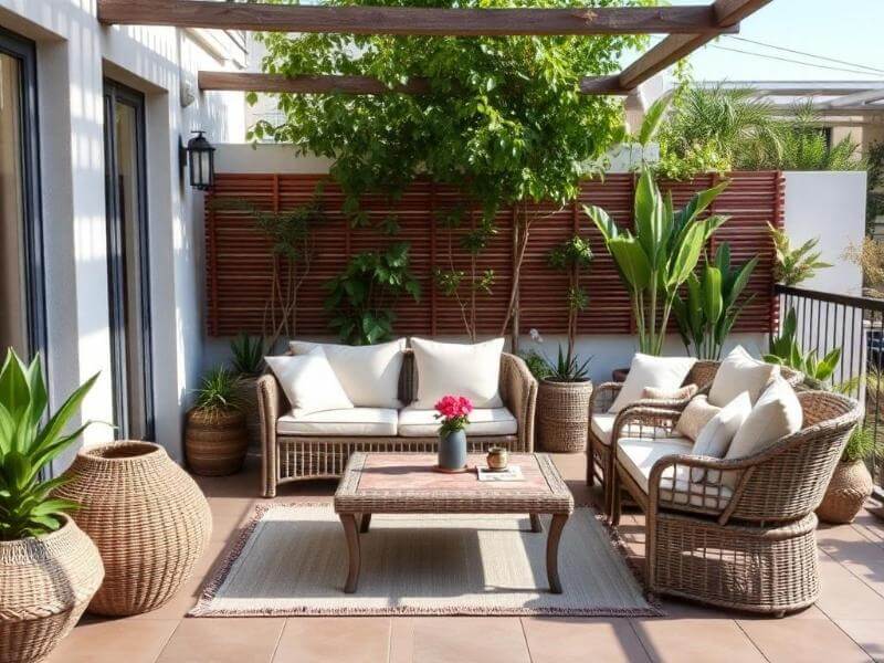 Sillones de ratán en una terraza luminosa con decoración veraniega