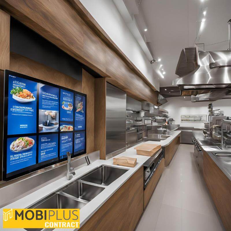 Reformar cocinas de hostelería: Sistema de pedidos digital integrado en una cocina moderna.
