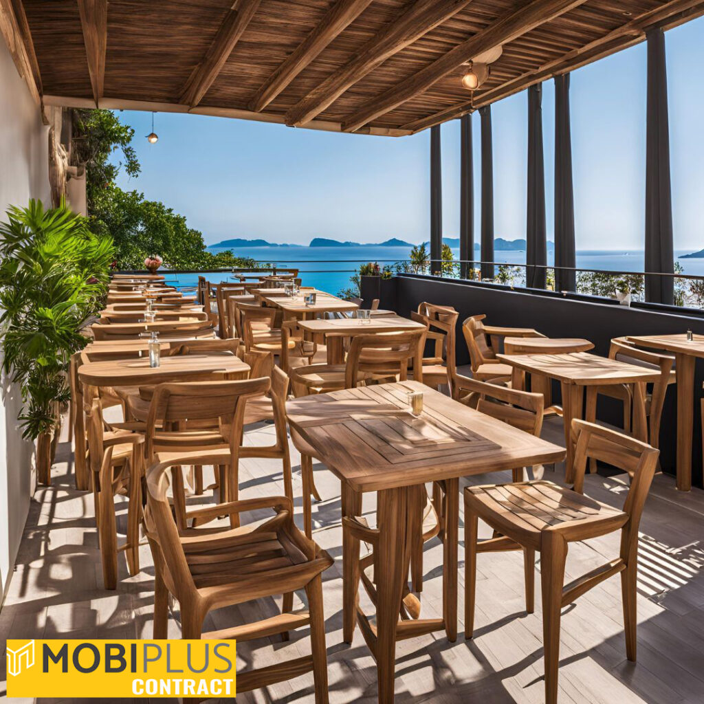 Terraza de un bar con mesas y sillas de teca