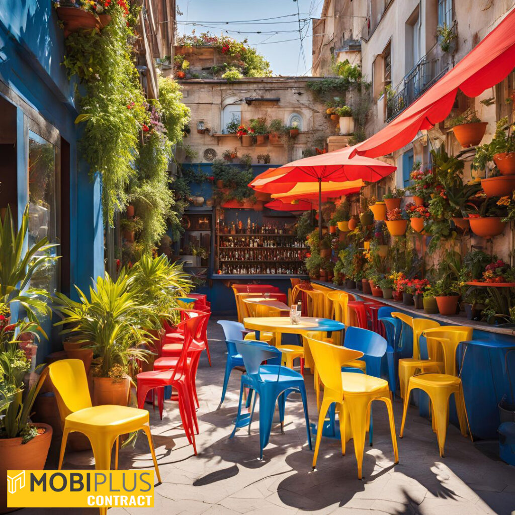 Terraza de un bar con sillas de polipropileno en diferentes colores