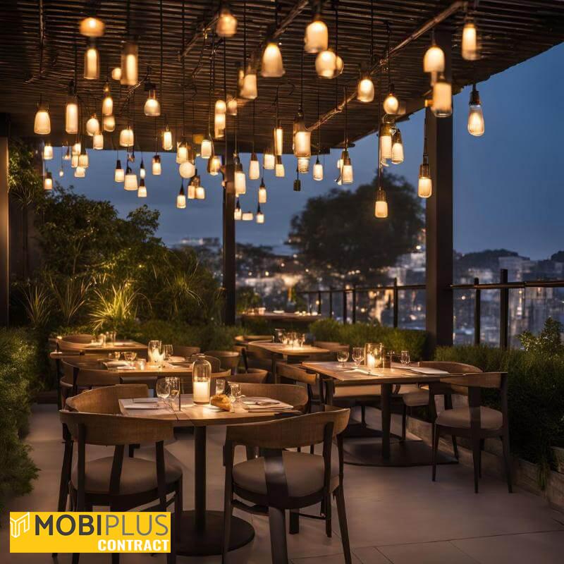 Terraza de un restaurante iluminado con lámparas colgantes y las lámparas de pie para exterior son ideales. Estas opciones permiten ajustar la intensidad de la luz y crear ambientes más íntimos en las mesas.