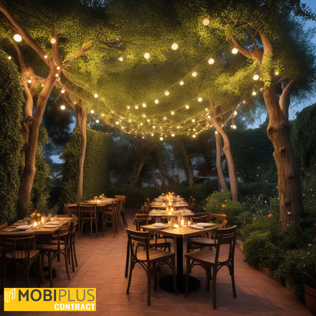 Terraza jardín de restaurante decorado con guirnaldas de luces en los arboles