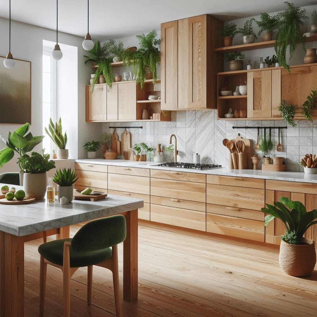 Tendencias para cocinas en 2025: Una cocina con muebles de madera natural, encimeras de cuarzo reciclado y detalles verdes como plantas en macetas.