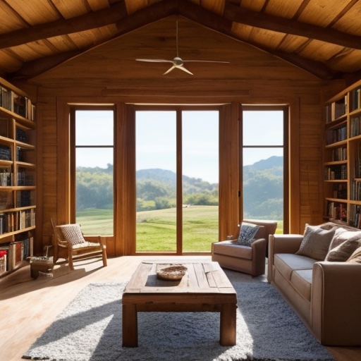 Salón de una casa rural con mobiliario de madera rústica y sofá en colores tierra para generar tranquilidad.