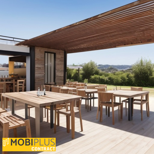 Una terraza de restaurante o bar equipada con sillas y mesas de madera tratada.