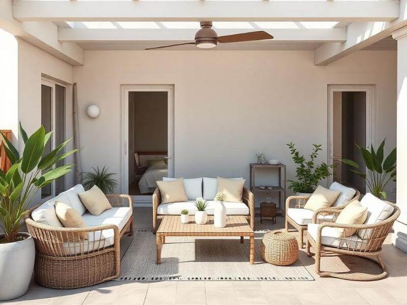 Zona de relax al aire libre con muebles y decoración coordinados