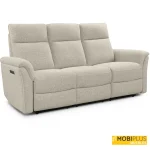 Sofá de 3 plazas con mecanismo relax cerrado, tapizado en tela beige visón de textura suave-