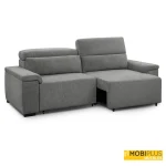 Sofá de 3 plazas con asiento deslizante extraído, tapizado en tela gris jaspeada y reposacabezas reclinables, de MobiPlus Muebles.