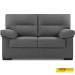 Vista frontal de sofá compacto de 2 plazas tapizado en tela gris, de MobiPlus Muebles.