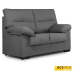 Perspectiva de sofá de 2 plazas en tela gris neutra con base negra, de MobiPlus Muebles.